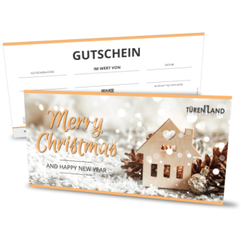 Gutschein Design Weihnachten 1: kleines flaches Holzhaus umgeben von weihnachtlicher Deko und Schneeflocken